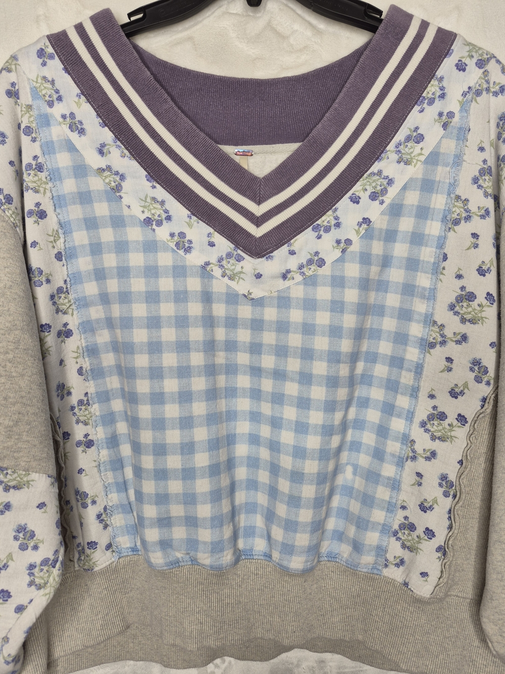 Free People Lucy Patchwork Gingham Floral Varsity V-Neck Sweatshirt Medium - Picture 2 of 15